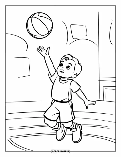 Coloriage de basketball pour enfants : Un enfant saute sur place en lançant un ballon de basketball avec enthousiasme