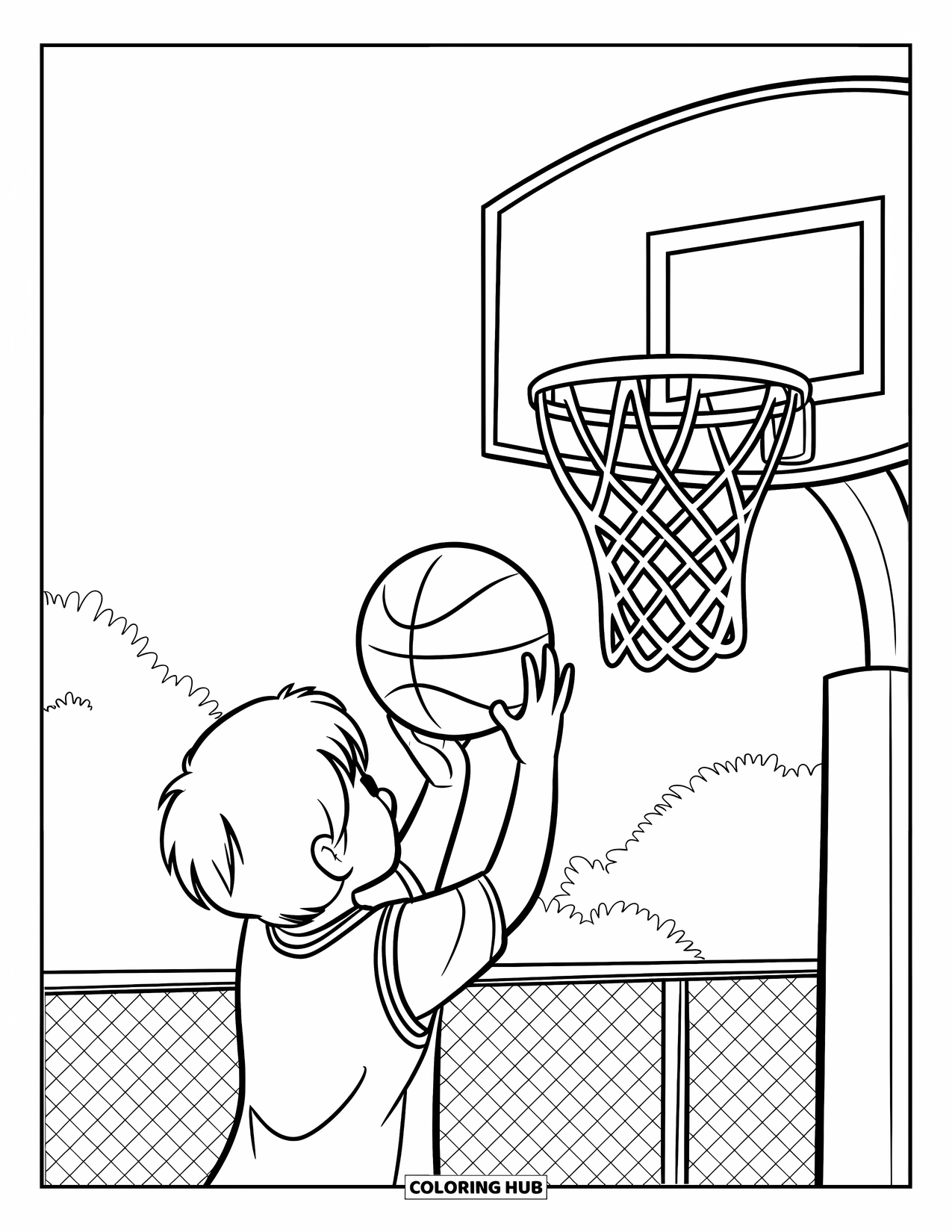 Dibujo de baloncesto para colorear para niños: Un niño concentrado se prepara para lanzar, con árboles y una valla detrás