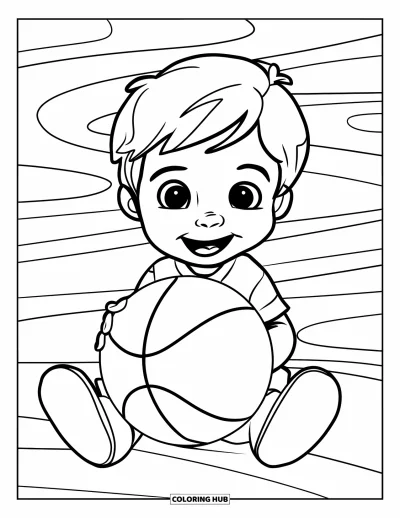 Coloriage de basketball pour enfants : Un enfant heureux aux cheveux bouclés tient un ballon de basketball en position assise