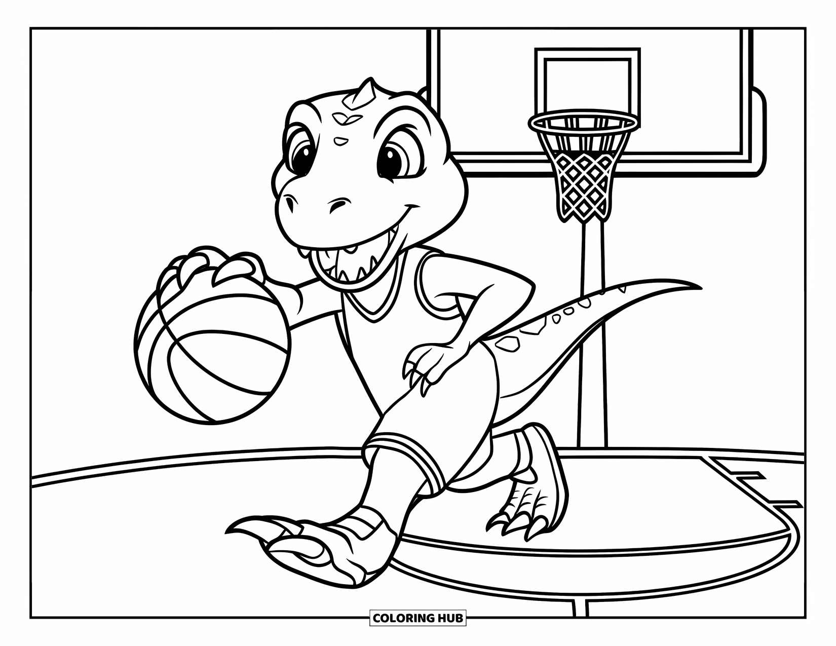 Dibujo de baloncesto para colorear para niños: Un dinosaurio feliz con uniforme bota el balón en una cancha de baloncesto