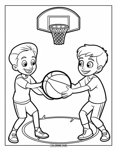 Coloriage de basketball pour enfants : Des enfants heureux se lancent un ballon de basketball sur un terrain tracé