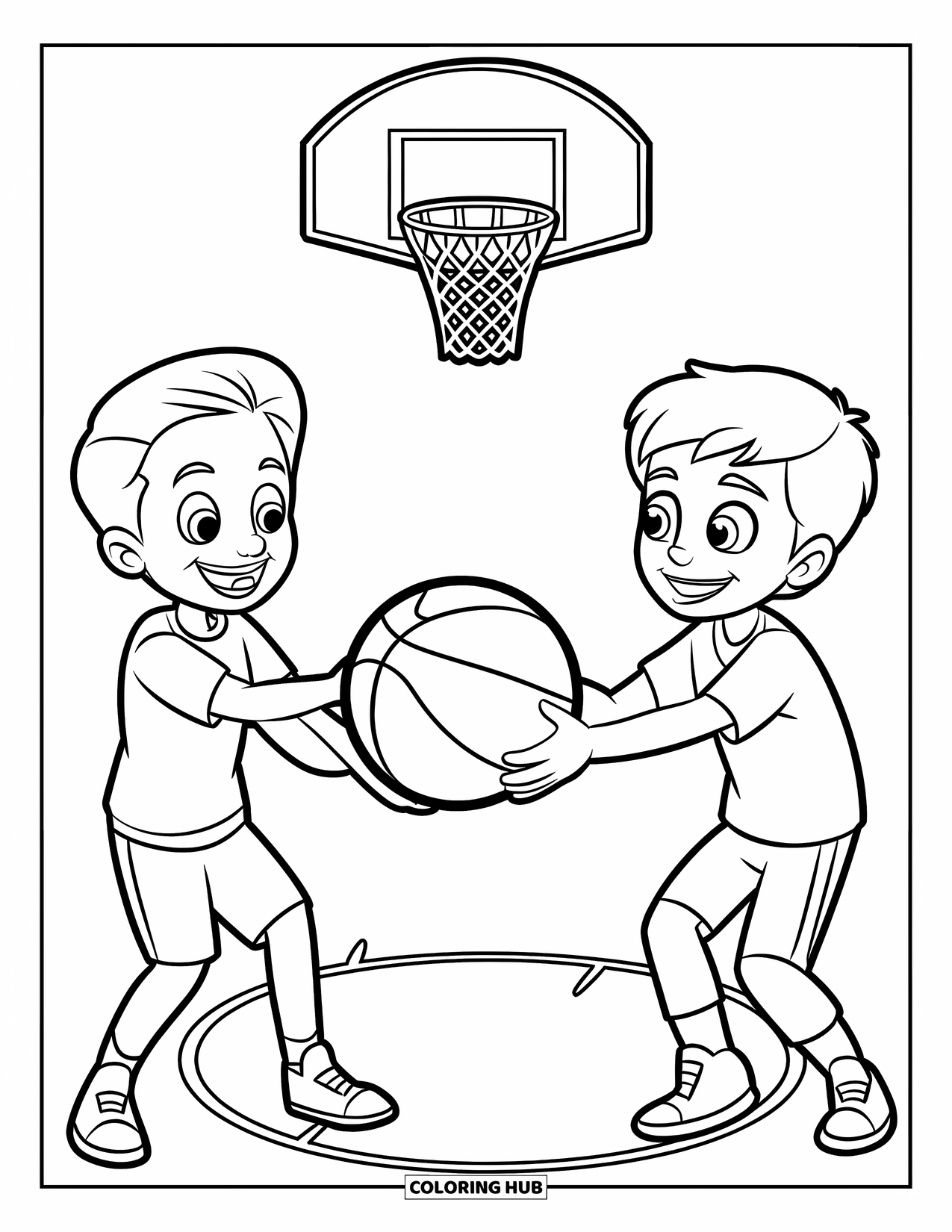 Dibujo de baloncesto para colorear para niños: Unos niños felices se lanzan un balón de baloncesto entre sí en una cancha con líneas