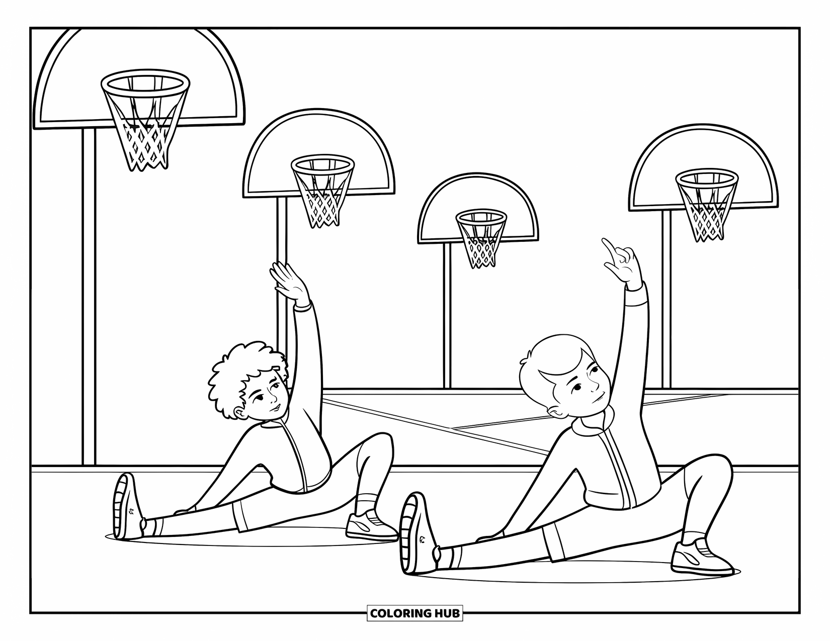 Dibujo de baloncesto para colorear para niños: Unos niños estiran juntos en una cancha al aire libre, preparándose para jugar