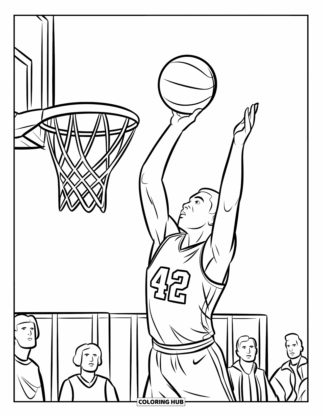 Dibujo de baloncesto para colorear para niños: El número 42 lanza el balón en medio del juego mientras el balón golpea el tablero y los espectadores miran