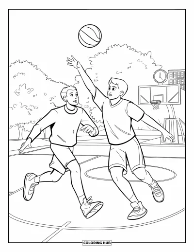 Coloriage de basketball pour enfants : Un joueur saute pour le ballon pendant qu’un autre défend sur un demi-terrain animé