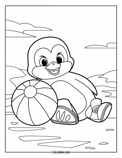 Coloriage de basketball pour enfants : Un pingouin à l’air joyeux se repose près d’un ballon sous un ciel nuageux