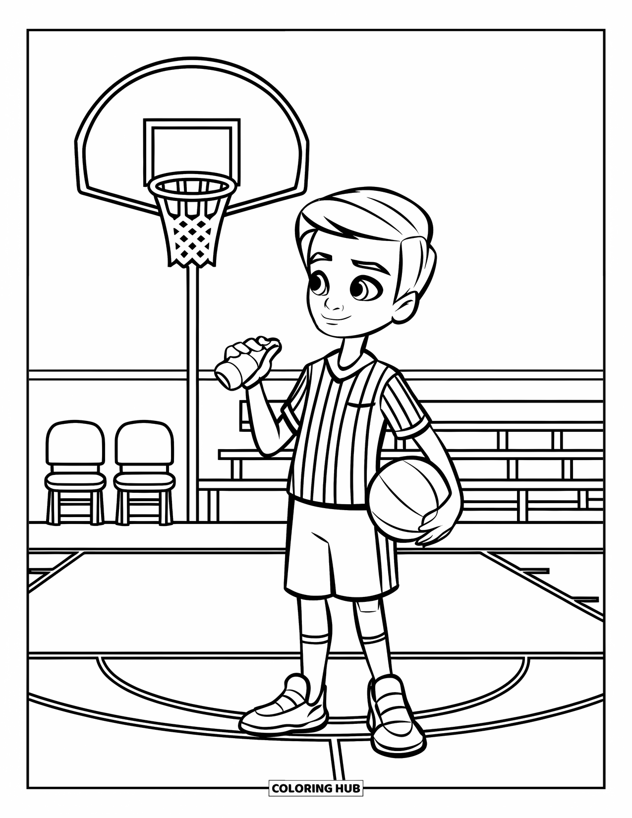 Dibujo de baloncesto para colorear para niños: Un árbitro con una camiseta de rayas y pelo corto está de pie en una cancha con sillas y una canasta