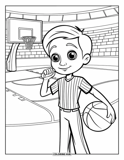 Coloriage de basketball pour enfants : Un arbitre avec un sifflet et un ballon se tient sur le terrain avec des sièges derrière