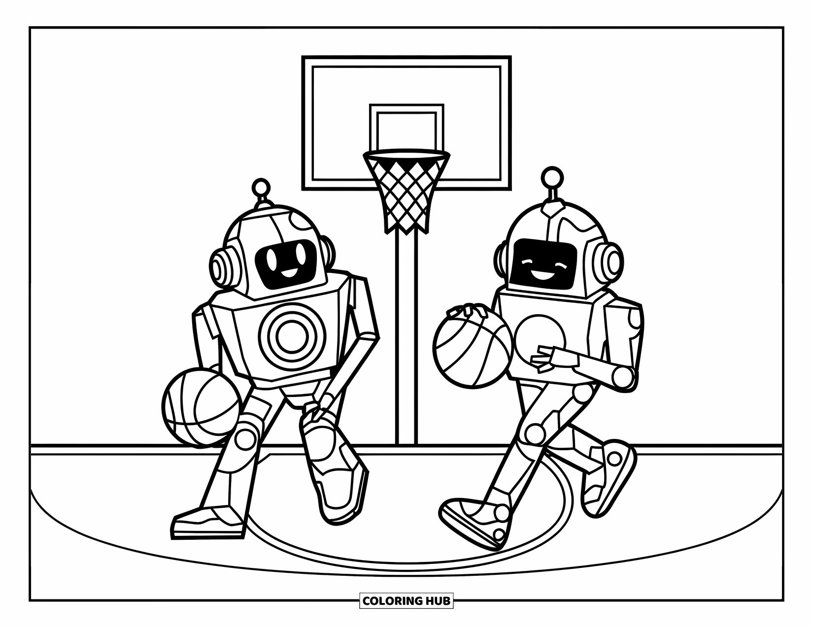 Dibujo de baloncesto para colorear para niños: Unos robots juegan al baloncesto en una cancha con contornos claros y formas divertidas