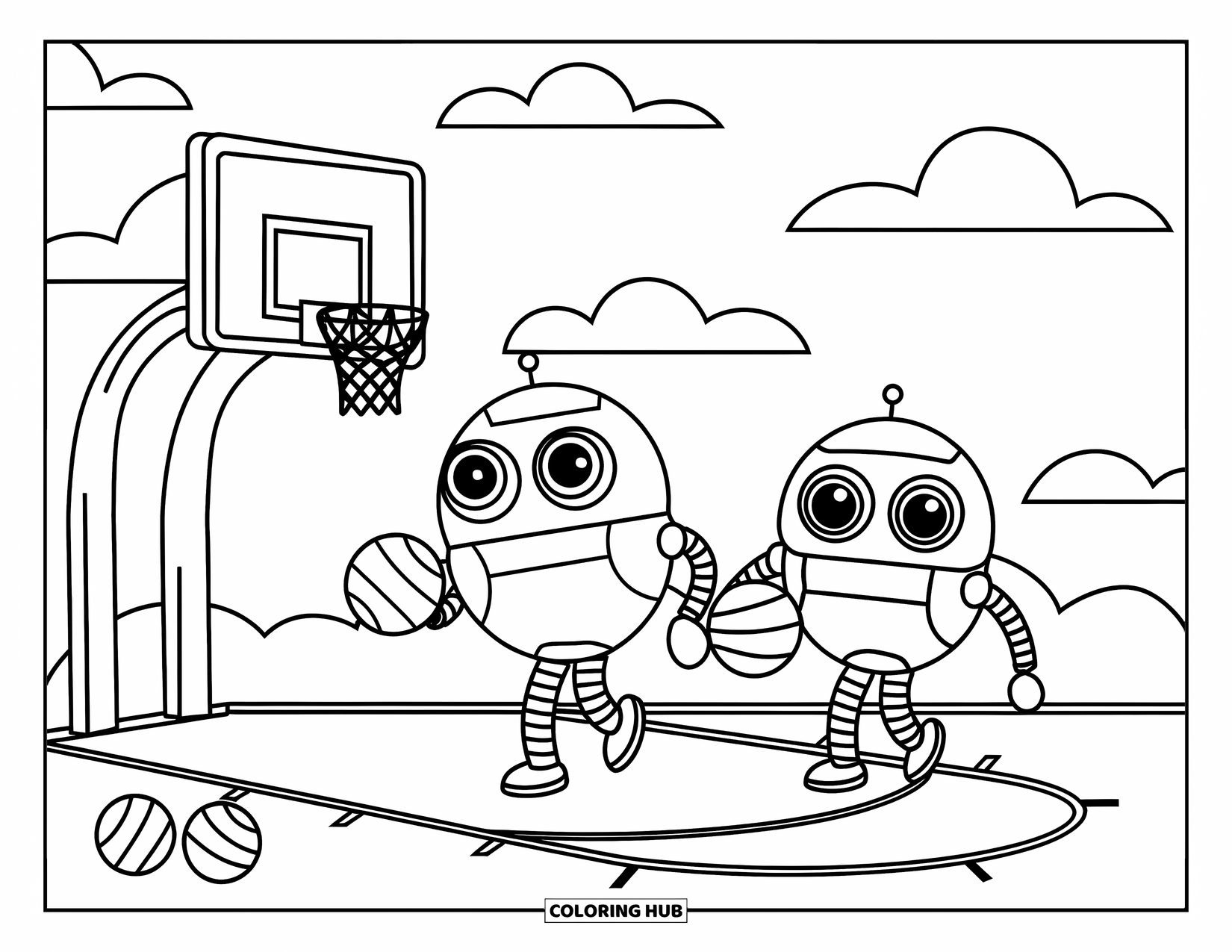 Dibujo de baloncesto para colorear para niños: Unos robots de ojos redondos encestan bajo un cielo con nubes esponjosas
