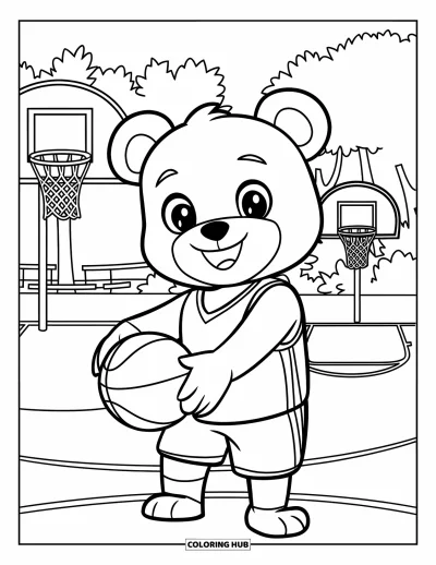 Coloriage de basketball pour enfants : Un ours souriant avec un ballon se tient sur un terrain près d’arbres et d’un bâtiment