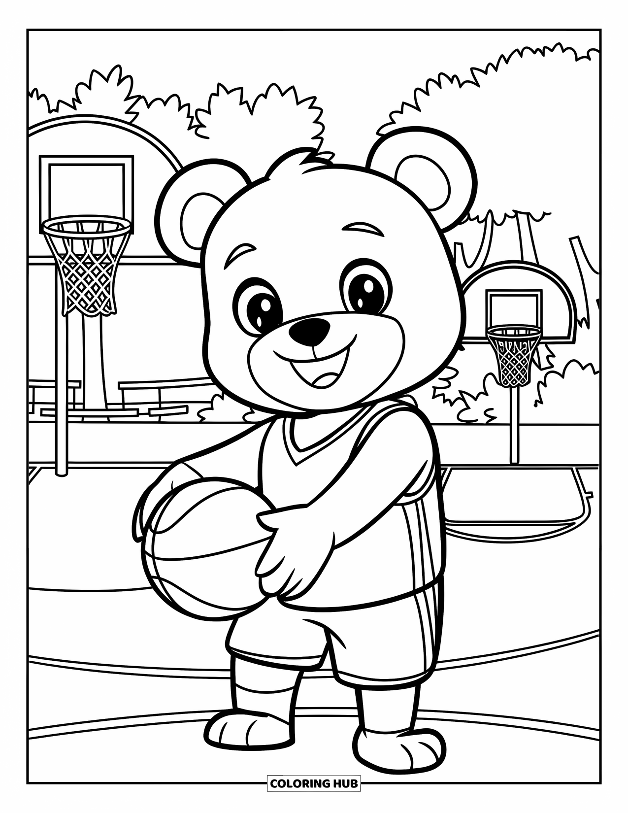 Dibujo de baloncesto para colorear para niños: Un oso sonriente con un balón está de pie en una cancha cerca de árboles y un edificio