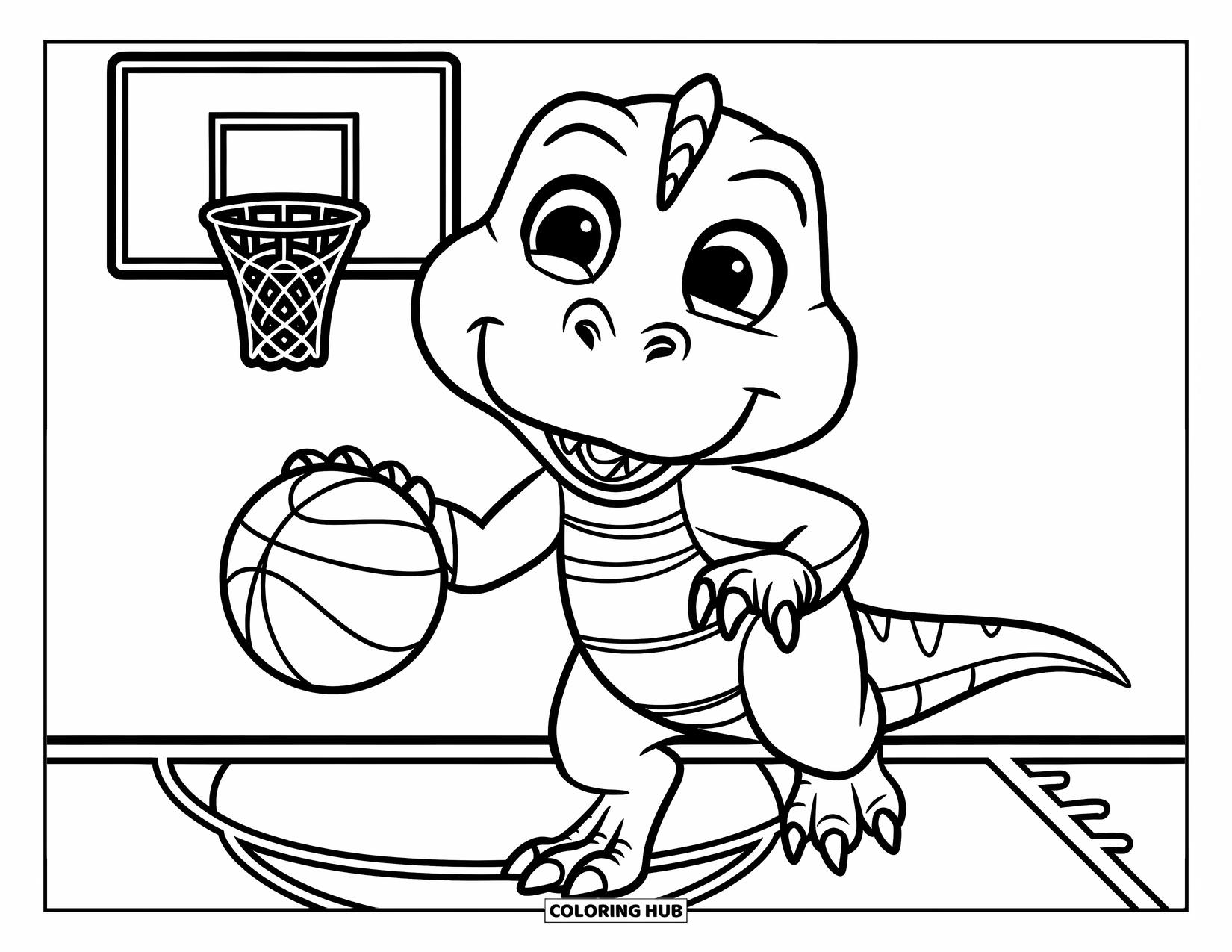 Dibujo de baloncesto para colorear para niños: Un dinosaurio sonriente con una camiseta de rayas bota un balón cerca de una canasta