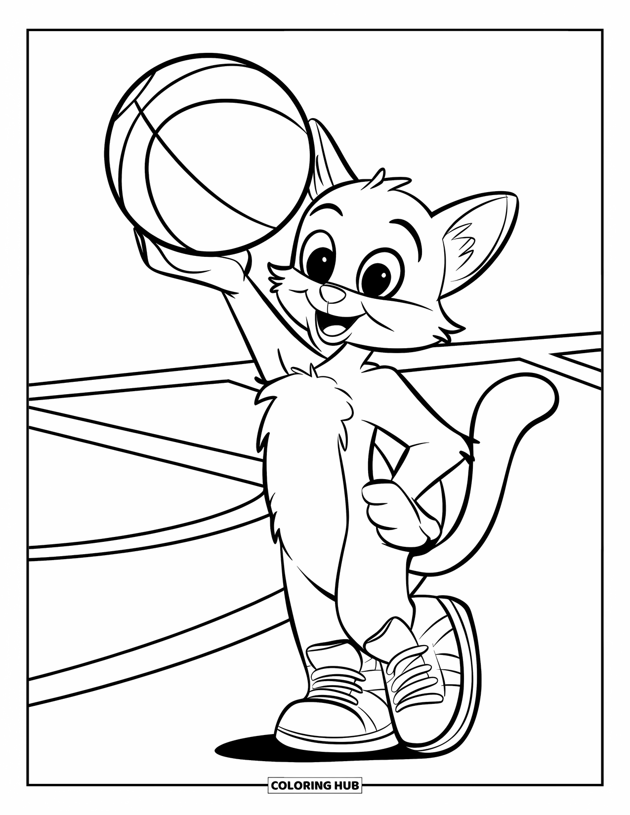 Dibujo de baloncesto para colorear para niños: De pie sobre dos patas, un gato con zapatillas equilibra un balón de baloncesto