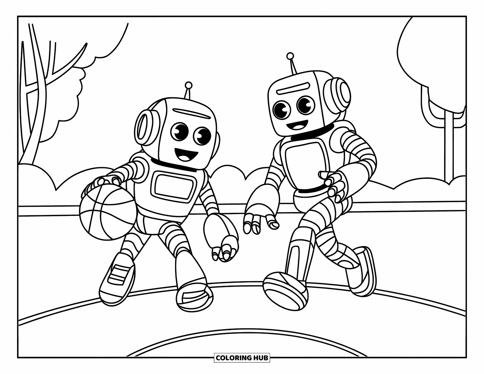 Dibujo de baloncesto para colorear para niños: Dos robots amigables juegan al baloncesto en una cancha soleada con árboles cerca