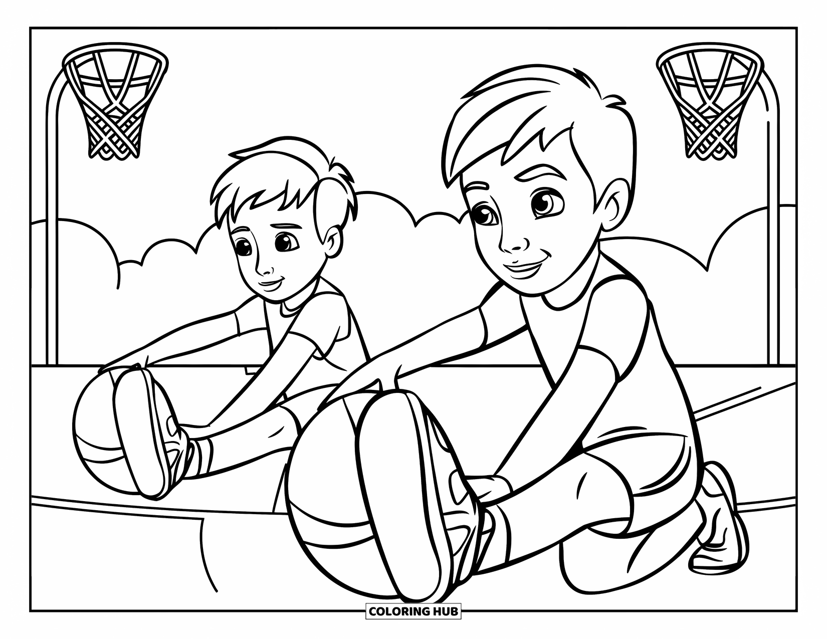 Dibujo de baloncesto para colorear para niños: Dos amigos calientan en una cancha rodeada de canastas de baloncesto