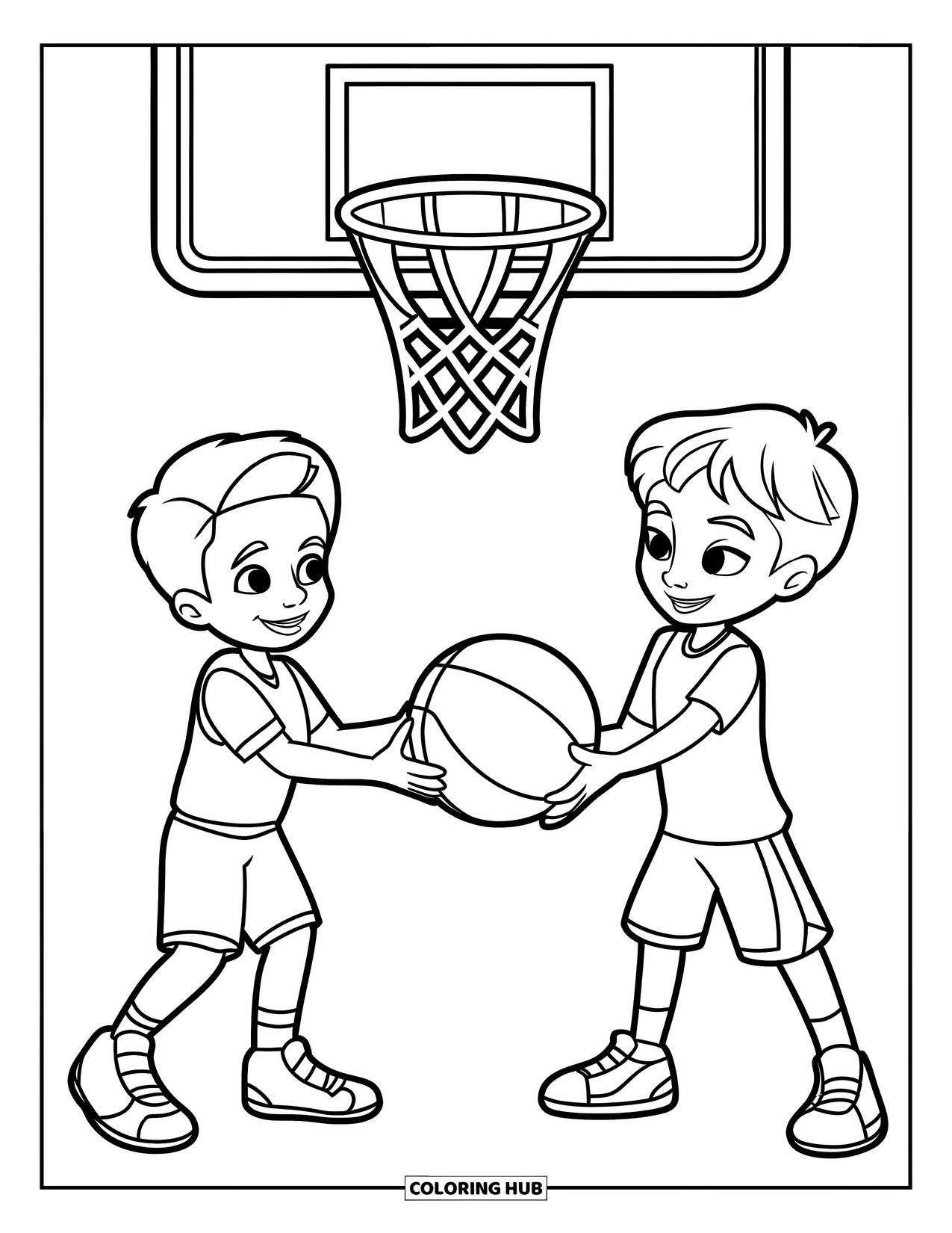 Dibujo de baloncesto para colorear para niños: Dos niños sonríen mientras se pasan un balón de baloncesto cerca de una canasta