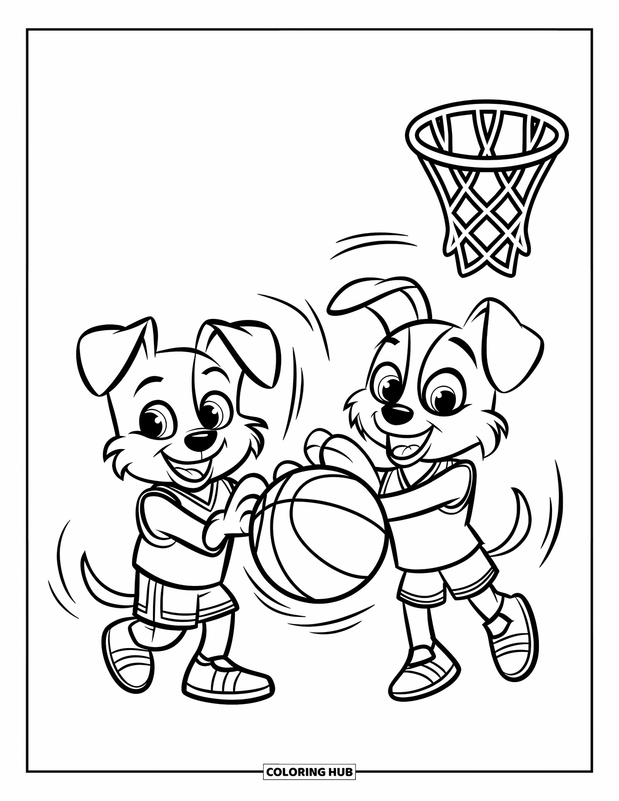 Dibujo de baloncesto para colorear para niños: Dos perros juguetones con camisetas hacen girar un balón de baloncesto con una canasta al fondo