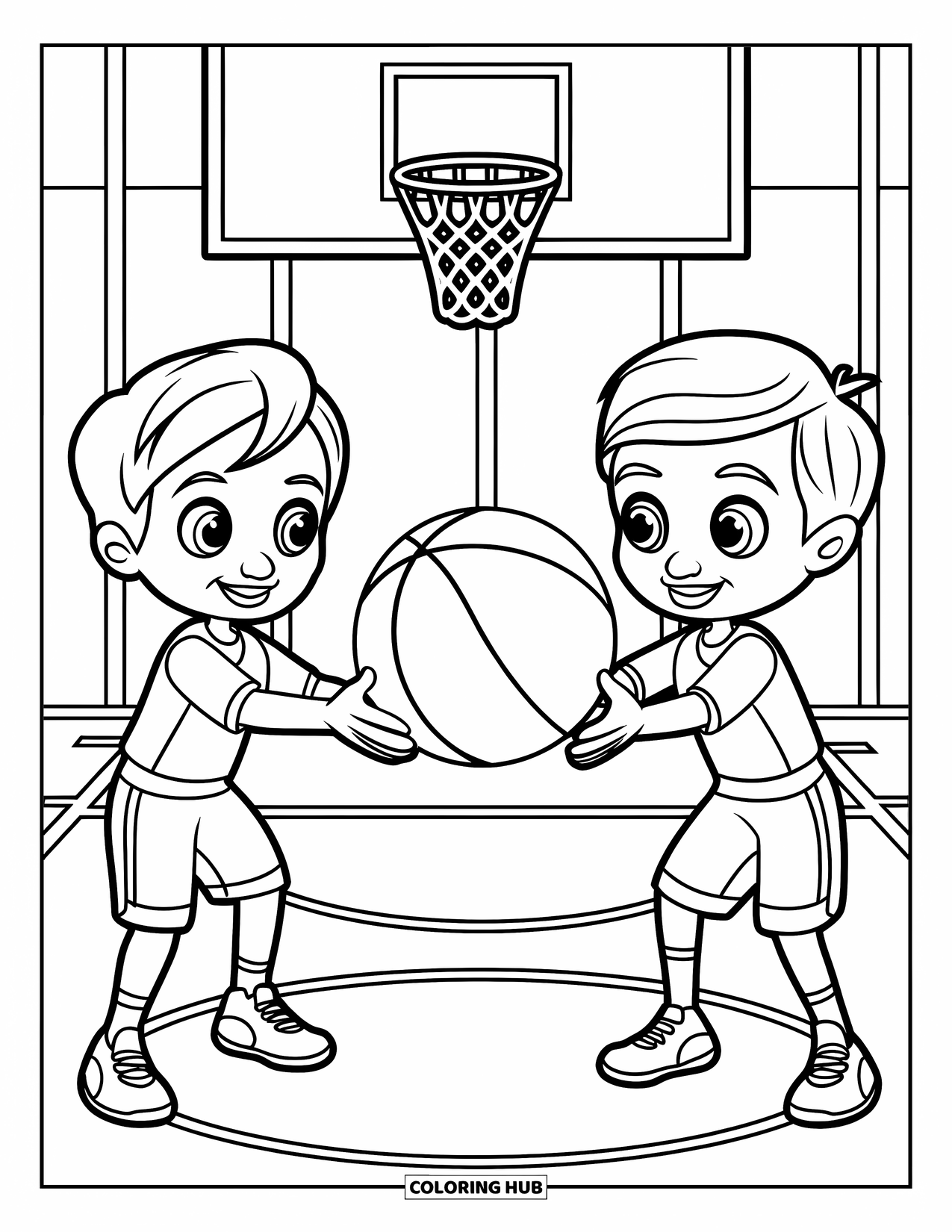 Dibujo de baloncesto para colorear para niños: Dos niños sonrientes se pasan un balón de baloncesto de un lado a otro en la cancha