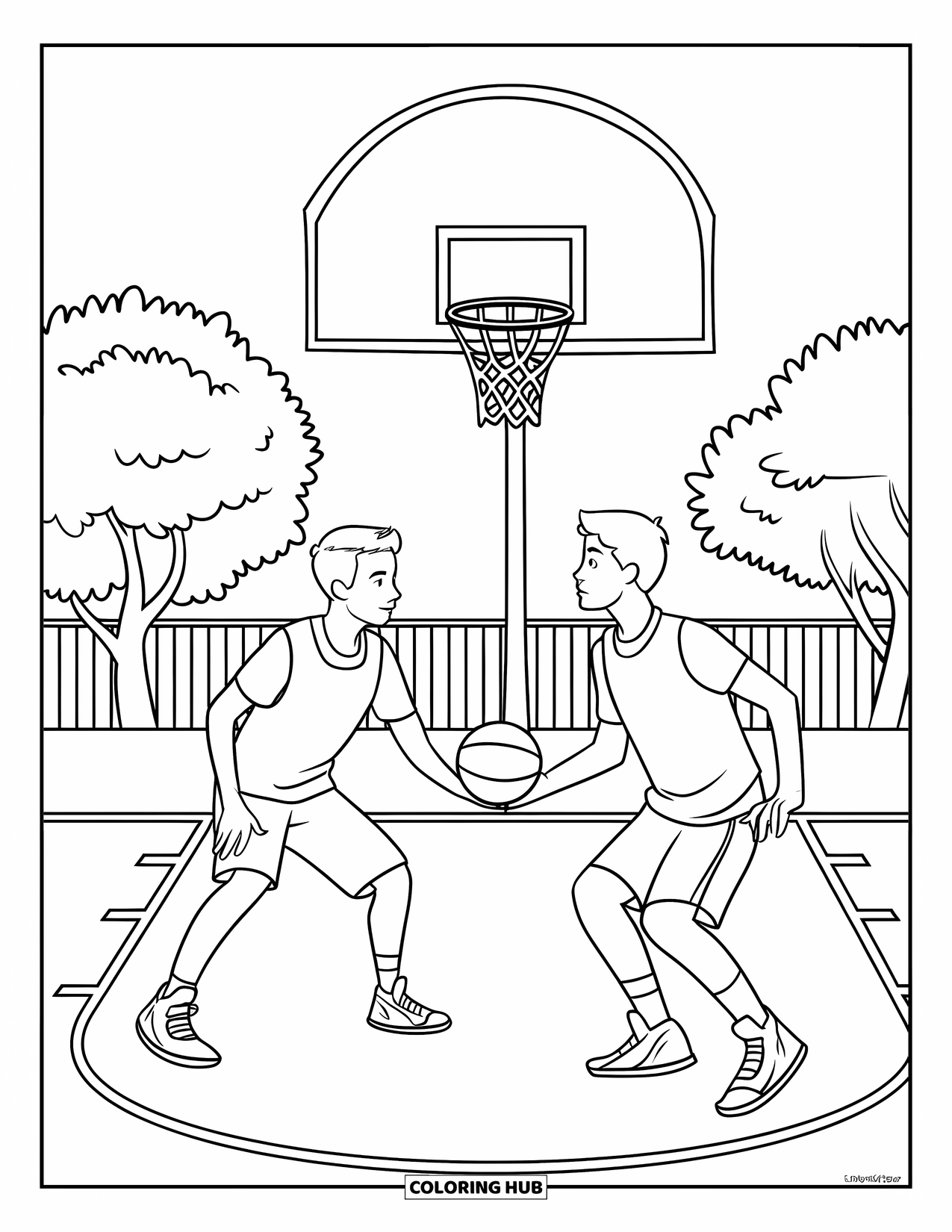 Dibujo de baloncesto para colorear para niños: Dos adolescentes se enfrentan en un juego de uno contra uno con “3 PUNTOS” encima de la canasta