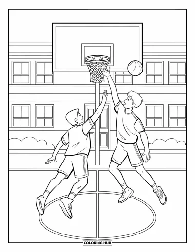 Coloriage de basketball pour enfants : Deux ados s’affrontent sur un demi-terrain, l’un sautant pendant que l’autre défend