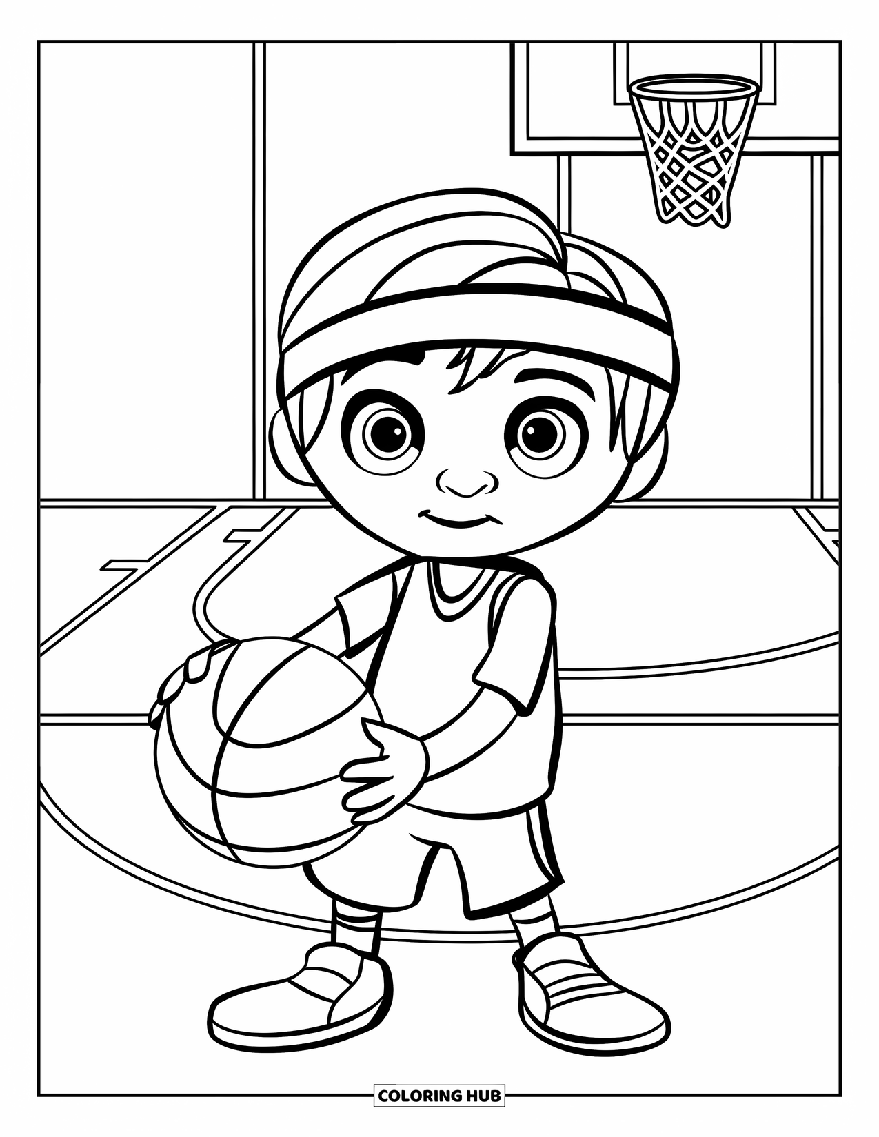 Dibujo de baloncesto para colorear para niños: Con un balón en la mano, un niño está de pie preparado en la cancha