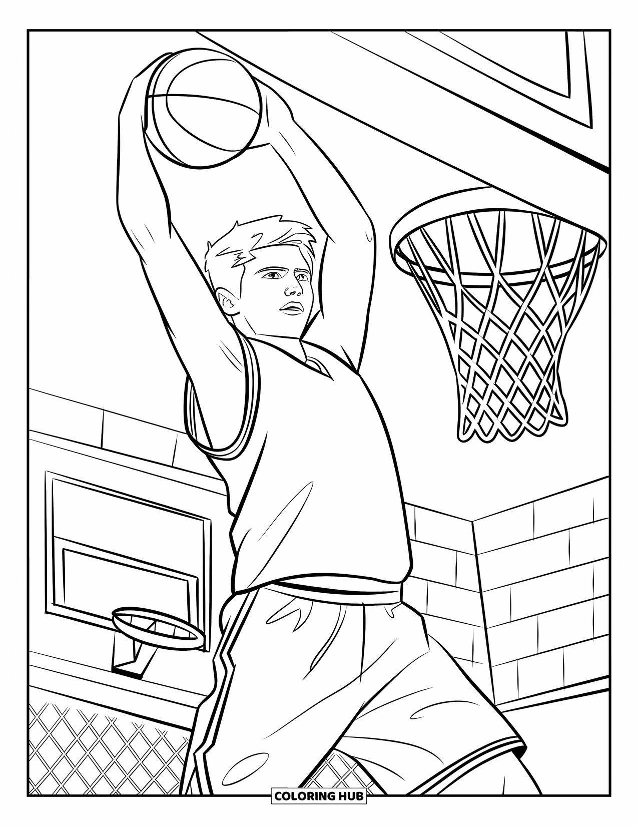 Dibujo de baloncesto para colorear para niños: Con determinación, un adolescente salta alto para hacer un mate