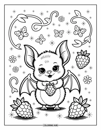 Coloriage de chauves-souris pour adultes : Un chauve-souriceau sort d’un buisson de baies en tenant des framboises, entouré de fraises et de papillons