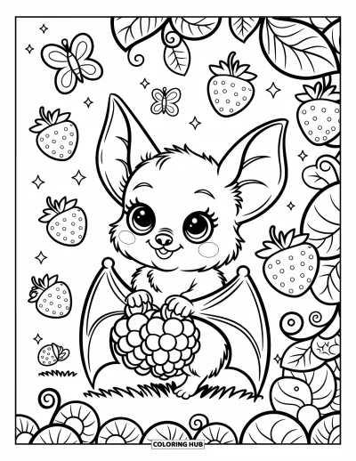 Coloriage de chauves-souris pour adultes : Un chauve-souriceau sort d’un buisson de baies avec des papillons, des fleurs et des fraises scintillantes autour