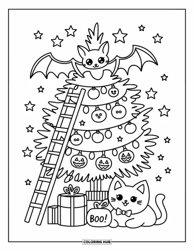 Coloriage de chauves-souris pour adultes : Une chauve-souris décore un arbre d’Halloween pendant qu’un chat se repose près de cadeaux marqués 