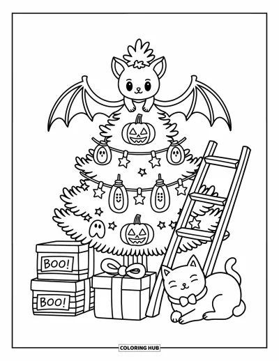 Coloriage de chauves-souris pour adultes : Une chauve-souris décore un arbre d’Halloween avec des étoiles et des citrouilles pendant qu’un chat somnole à côté