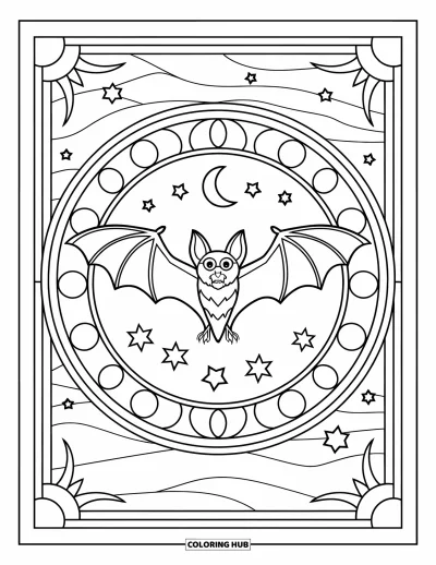 Coloriage de chauves-souris pour adultes : Une chauve-souris vole dans un cadre style vitrail composé d’étoiles, de lunes et de vignes