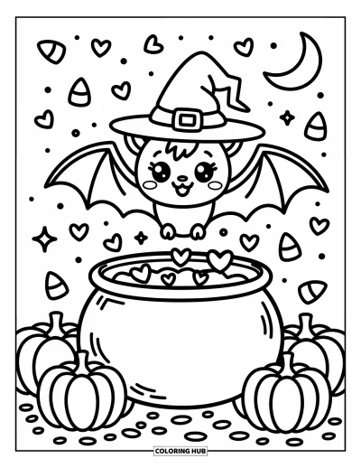 Coloriage de chauves-souris pour adultes : Une chauve-souris avec un chapeau de sorcière voltige autour d’un chaudron rempli de cœurs bouillonnants et de citrouilles