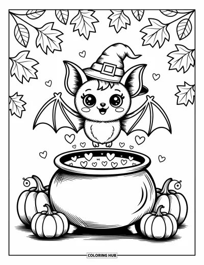Coloriage de chauves-souris pour adultes : Une chauve-souris avec un chapeau de sorcière flotte joyeusement au-dessus d’un chaudron bouillonnant de bulles en forme de cœur