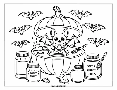 Coloriage de chauves-souris pour adultes : Une chauve-souris fabrique des potions dans un labo en citrouille rempli de bocaux espiègles et de chauves-souris-balais flottantes