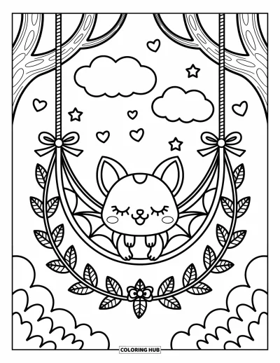 Coloriage de chauves-souris pour adultes : Une chauve-souris fait la sieste dans un hamac feuillu entouré d’étoiles, de nuages et de petits cœurs flottants