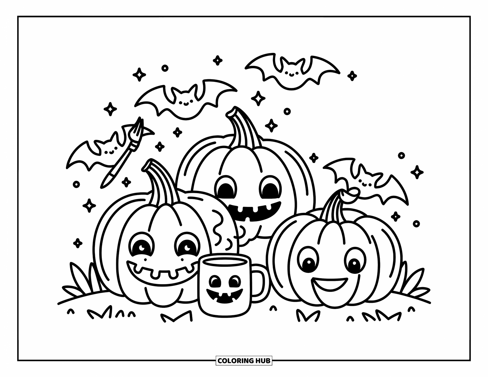 Desen de colorat cu lilieci pentru adulți: Un liliac pictează felinare jack-o'-lantern în timp ce altul se bucură de o băutură de dovleac sub lumina lunii