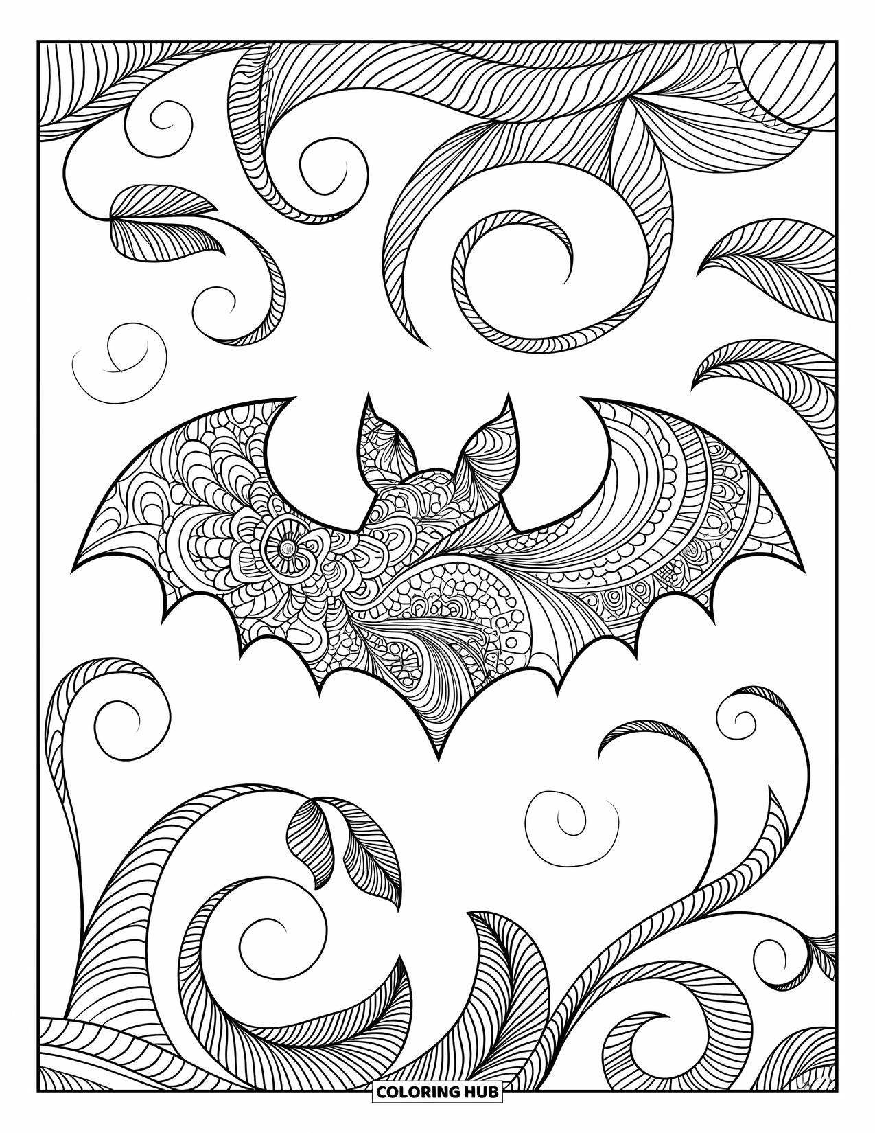 Desen de colorat cu un liliac pentru adulți: Silueta unui liliac este înconjurată de bucle florale și modele zentangle spiralate