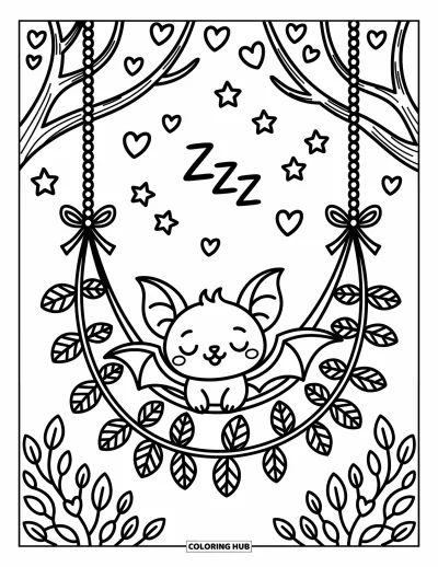 Coloriage de chauves-souris pour adultes : Une chauve-souris somnole dans un hamac de feuilles tendu entre des branches sous des nuages et des étoiles flottants
