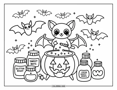 Coloriage de chauves-souris pour adultes : Une chauve-souris prépare des potions dans un labo en citrouille entouré de bocaux d’ingrédients mignons et effrayants