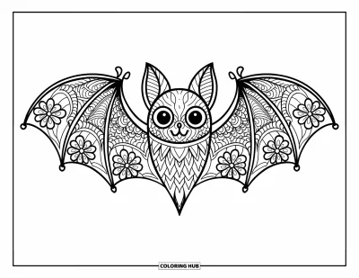 Coloriage de chauves-souris pour adultes : Une chauve-souris aux ailes détaillées est encadrée par des fleurs de mandala gothiques