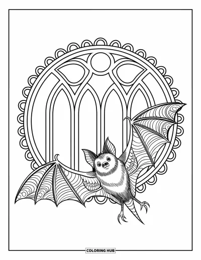 Coloriage de chauves-souris pour adultes : Une chauve-souris aux ailes à motifs vole dans des arches de fenêtre au style gothique