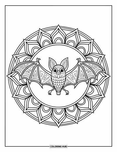 Coloriage de chauves-souris pour adultes : Une chauve-souris aux ailes larges est placée au centre d’un mandala circulaire
