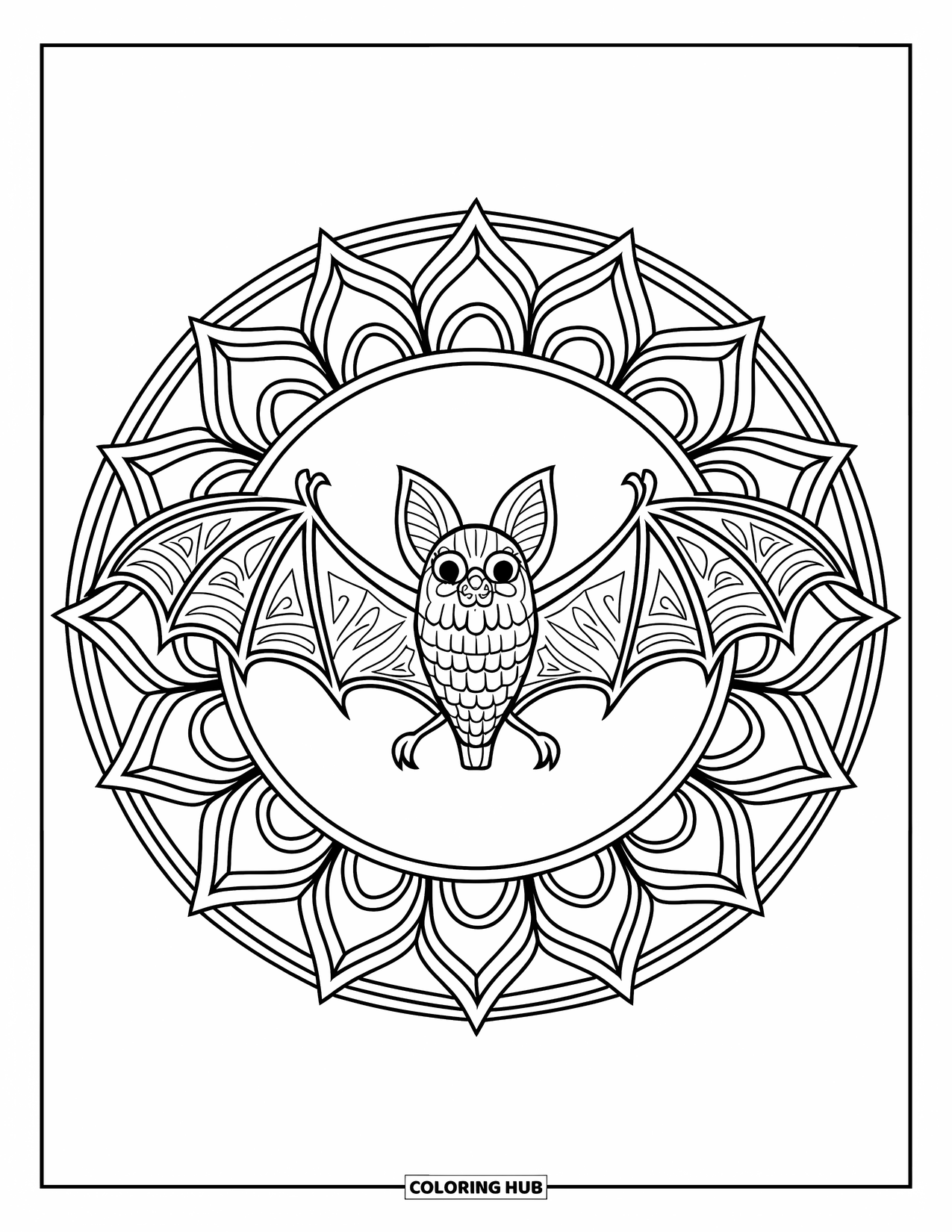 Desen de colorat cu un liliac pentru adulți: Un liliac cu aripi largi este centrat într-un design circular de mandala