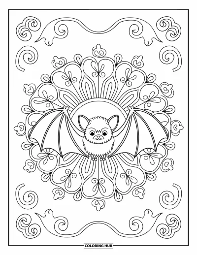 Coloriage de chauves-souris pour adultes : Une chauve-souris centrale est entourée d’ornements filigranés tourbillonnants dans un design radial
