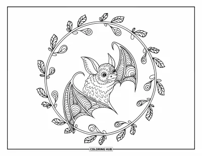 Coloriage de chauves-souris pour adultes : Un cadre circulaire entoure une chauve-souris de profil avec des motifs floraux zentangle fluides