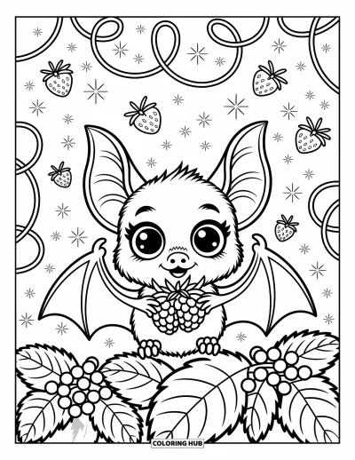 Coloriage de chauves-souris pour adultes : Une chauve-souris curieuse serre des framboises derrière un buisson de baies avec des étincelles et des papillons virevoltants