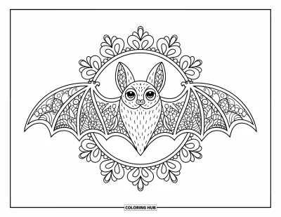 Coloriage de chauves-souris pour adultes : Une chauve-souris détaillée aux ailes à motifs est posée parmi des mandalas floraux gothiques