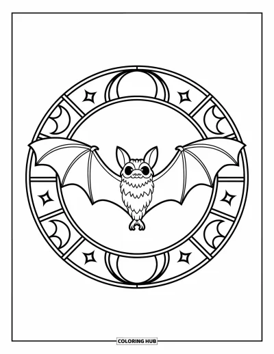 Coloriage de chauves-souris pour adultes : Une chauve-souris en vol est encadrée dans un design circulaire style vitrail avec des étoiles et des lunes