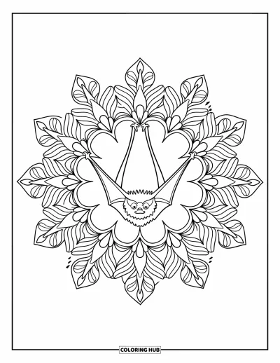 Coloriage de chauves-souris pour adultes : Une chauve-souris suspendue est placée au centre d’un mandala de spirales feuillues et de pétales